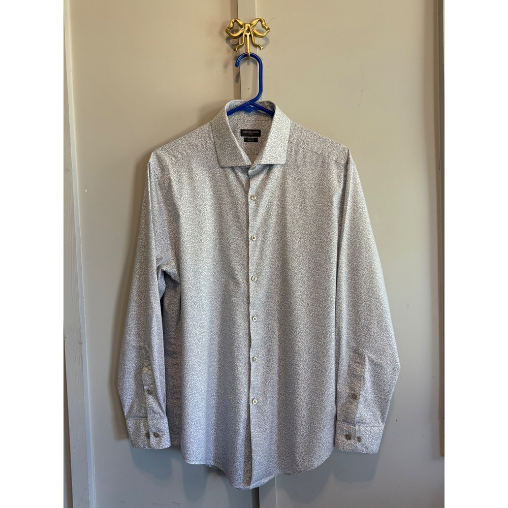 Van Heusen Flex Slim Fit Dress Shirt Mens 16.5 32/33 White Navy Micro Print L - Picture 2 of 12